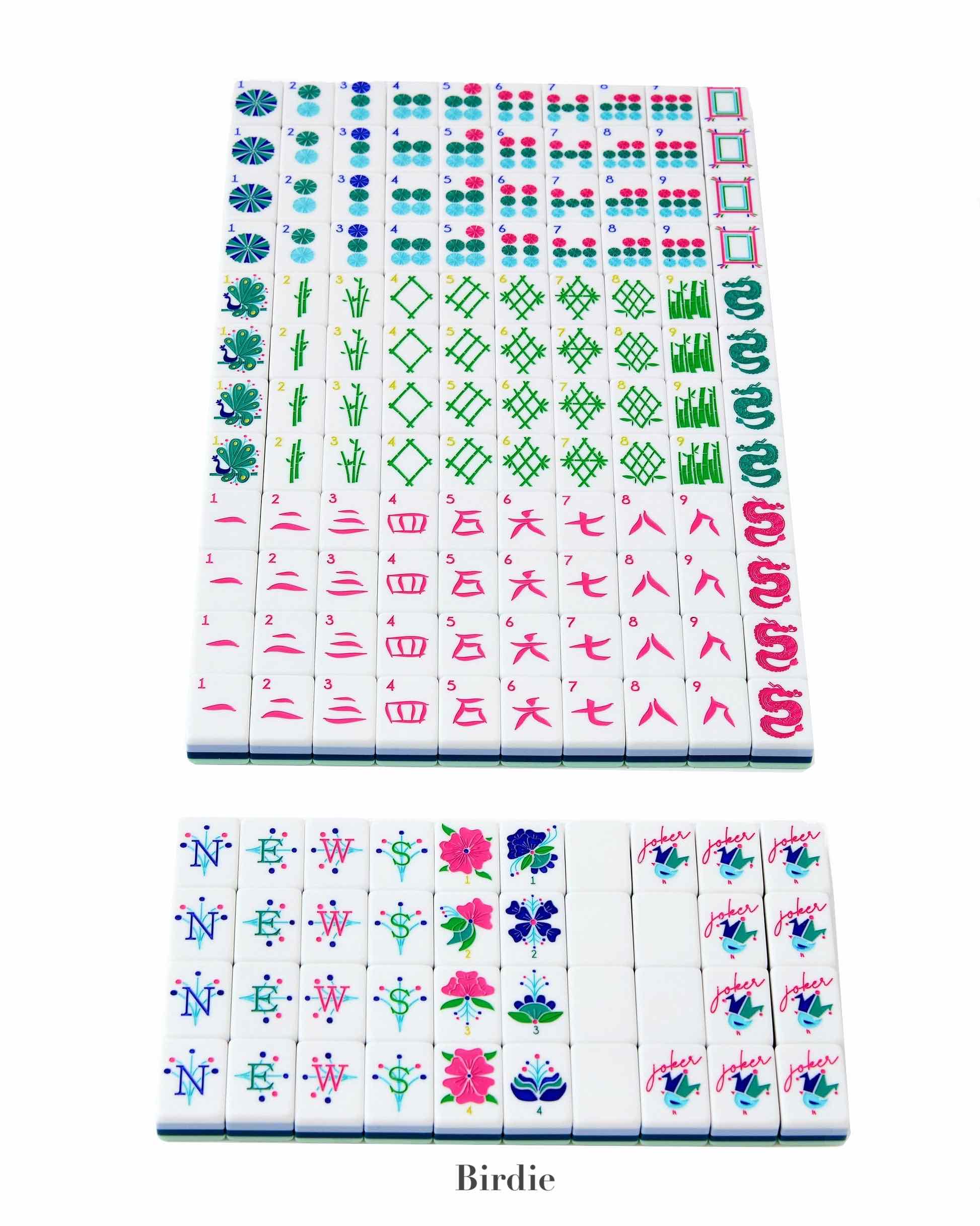 The Oh My Mahjong "Mahjong Tile Collection" features hand-painted tiles by suit and type—circles, bamboo, characters, winds, dragons, and flowers—arranged on a white background for an elegant gaming experience.