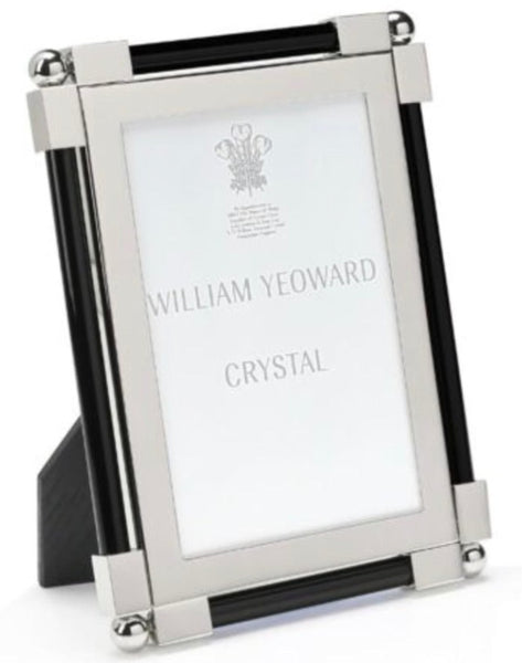 A William Yeoward Crystal Classic Frame, Black Collection with nickel-plated metal corner brackets on a white background.