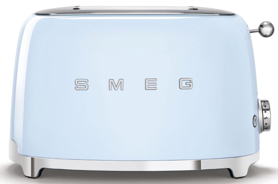The Smeg 2-Slice Toaster Collection features a light blue retro design with chrome accents, two slots, a right-side lever, and a browning control knob—bringing vintage charm and style to any kitchen.