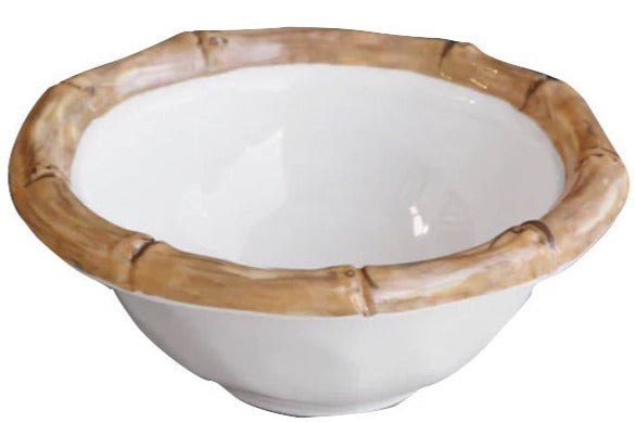 White ceramic bowl with brown, bamboo-like rim from the Beatriz Ball Vida Natural Bamboo Serveware Collection—combines the luxury look of melamine with break-resistant durability.
