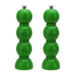 The Hive Bobbin Salt & Pepper Grinder Set features two identical glossy green mills with a stacked spherical design and silver knobs, standing upright on a white background.