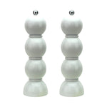 The Hive Bobbin Salt & Pepper Grinder Set features two white, modern mills with a stacked, spherical design, silver tops, and ceramic grinders, displayed side by side on a white background.