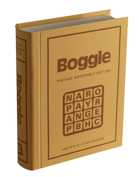 A WS Game Company Boggle Vintage Bookshelf Edition board game designed to resemble a book.
