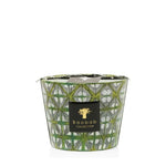 A green and white Baobab Collection Bohomania Lazlo scented candle in a geometric-patterned container.
