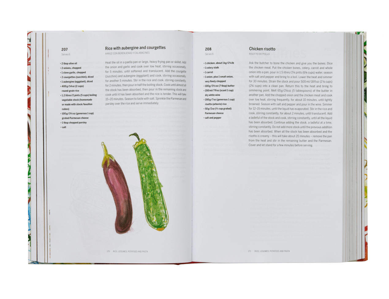 An open best-selling Phaidon cookbook displaying recipes and illustrations of an eggplant and a zucchini.