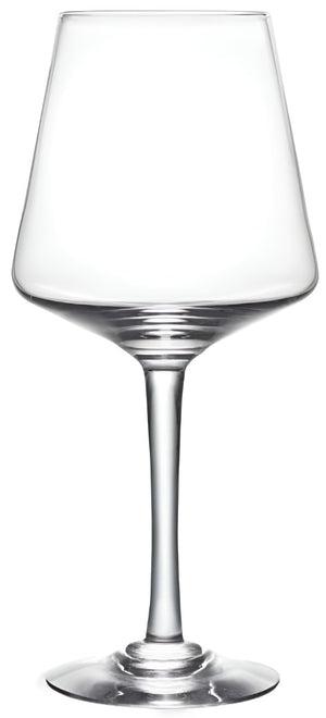The Vintner Drinkware Collection by Simon Pearce features a clear, handblown wine glass with a wide bowl and long stem, beautifully displayed against a white background.