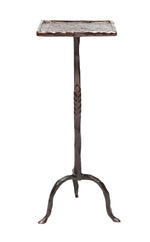 The Maddy Bronze Twisted Iron Side Table by Made Goods is a tall, narrow stand with a square top and chunky textured tripod base featuring subtle laurel leaf details.
