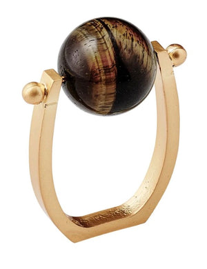 The Kim Seybert Mineral Napkin Ring features a flat, angular gold band with a large round stone set between two small gold spheres—perfect for year-round entertaining or adding a modern touch to your table.