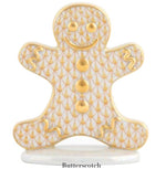 Herend Gingerbread Man Collection porcelain figurine with gold accents, scallop pattern, and three gold buttons stands on a white "Butterscotch" base—a hand-painted collectible for true artistic appreciation.