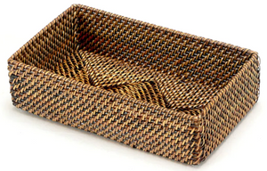 The Calaisio Guest Towel Holder features a rectangular handwoven design with raised sides, crafted from natural and dark fibers for a touch of nature. Shown on a white background.