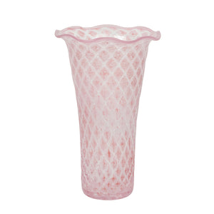 The Juliska Trellis Flared Vase Collection features a tall pink glass vase with a diamond pattern and scalloped rim, ideal for garden flowers or elegant floral arrangements.