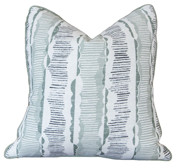 Decorative handmade Da Da Stripe Cactus Pillow with a striped pattern in shades of gray and white, featuring a piped edge by Associated Design.