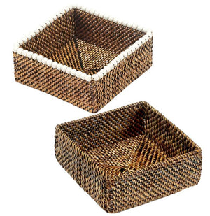 The Calaisio Cocktail Napkin Holder Collection features two square woven baskets—one with a plain edge, one adorned with white beaded trim—bringing eco-chic style and natural elegance to your table setting.