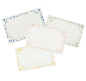 Four Berry & Thread Place Cards by Juliska, each a blank rectangle with decorative blue, green, yellow, and red borders, are arranged overlapping on a white background.