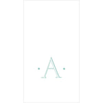 The Caspari Antique Robin's Egg Single Initial Guest Towels feature a large, light blue "A" centered between two small dots on a white background—ideal for adding an elegant, personalized touch to your event.