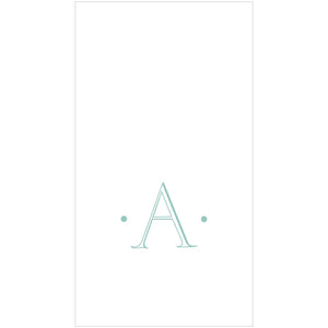 The Caspari Antique Robin's Egg Single Initial Guest Towels feature a large, light blue "A" centered between two small dots on a white background—ideal for adding an elegant, personalized touch to your event.