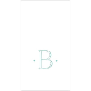The Antique Robin's Egg Single Initial Guest Towels by Caspari feature a large, light blue "B" on a white background between two blue dots—ideal for personalized or elegant paper linen napkins.