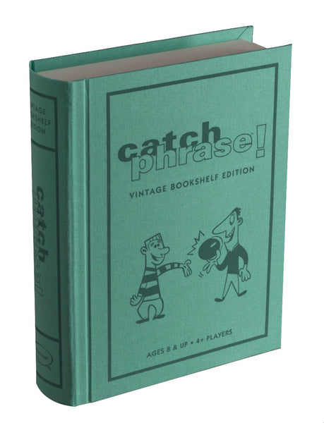 A WS Game Company Catch Phrase Vintage Bookshelf Edition designed to look like a vintage edition titled "CATCH PHRASE!", indicating it is a game for ages 8 and up, suitable for 4 or more players.