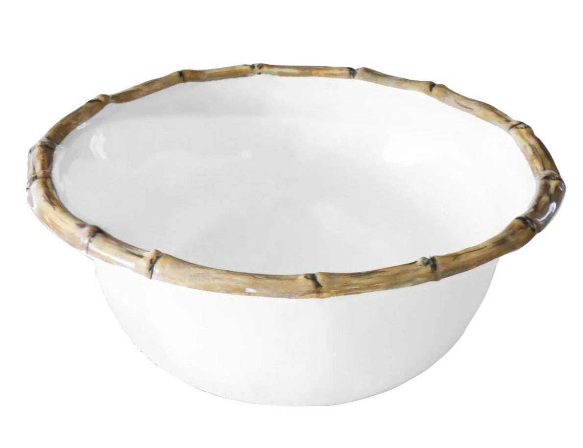 A white bowl with a bamboo-style rim from the Beatriz Ball Vida Natural Bamboo Dinnerware Collection, crafted from luxury melamine. Break resistant and elegant; shown from above on a white background.