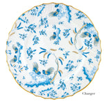 Round porcelain charger plate from Ginori 1735's Oro Di Doccia Turchese Dinnerware Collection, featuring blue and gold floral and bird motifs, a scalloped edge with hand-painted gold trim.