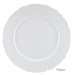 A white charger plate from the Empire White Dinnerware Collection by Anna Weatherley, featuring fine porcelain with a textured lattice rim and scalloped edges. Made in Portugal; "Charger" shown at the bottom right on a plain white background.
