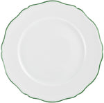 A Raynaud Touraine Green Trim porcelain plate, with a scalloped edge and hand-painted green rim, is shown from above on a plain background.