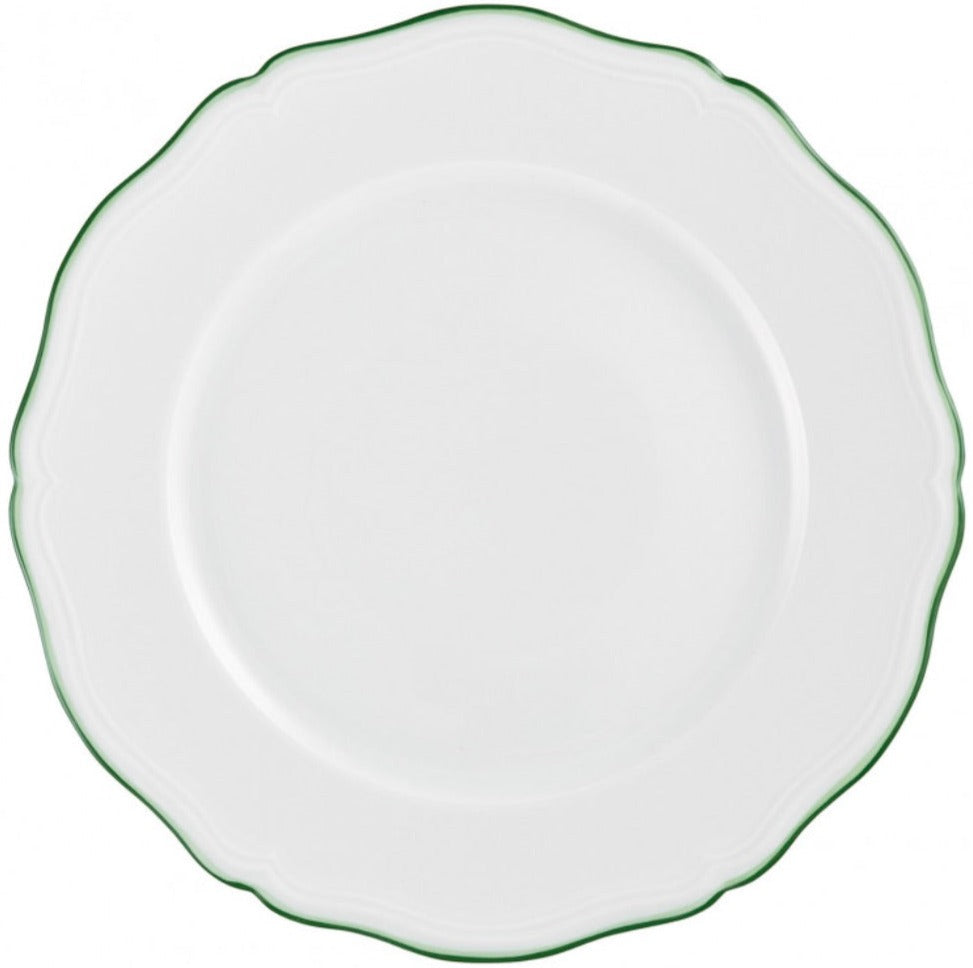 A Raynaud Touraine Green Trim porcelain plate, with a scalloped edge and hand-painted green rim, is shown from above on a plain background.