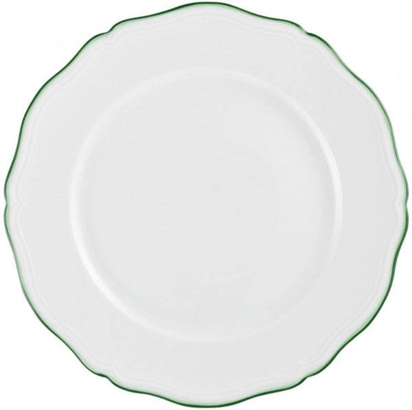 A Raynaud Touraine Green Trim Collection plate with hand painted green rims on a white background exuding elegance.