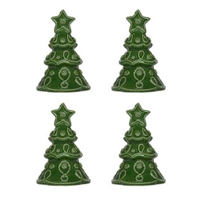Four identical Juliska Berry & Thread Basil Tree Place Card Holders are arranged in a 2x2 grid on a plain background. These festive ceramic figurines, with star toppers and white accents, serve as both decor and charming place card holders.