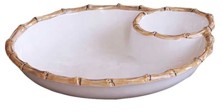 White ceramic serving dish from Beatriz Ball's Vida Natural Bamboo Serveware Collection with a bamboo-style rim, one large section, and a smaller compartment—crafted in break-resistant luxury melamine for elegance and durability.