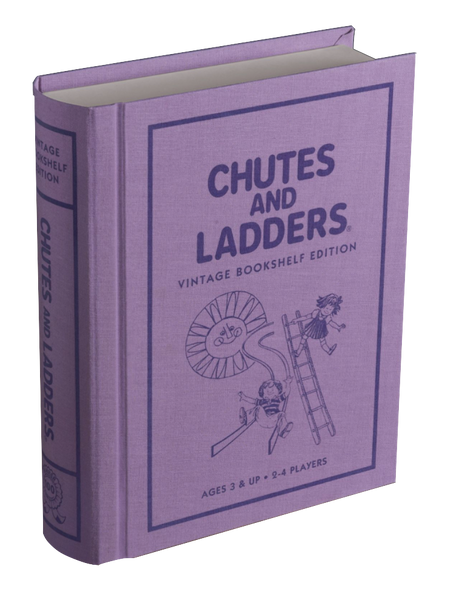 A purple-colored WS Game Company Chutes and Ladders Vintage Bookshelf Edition board game designed to resemble a book.
