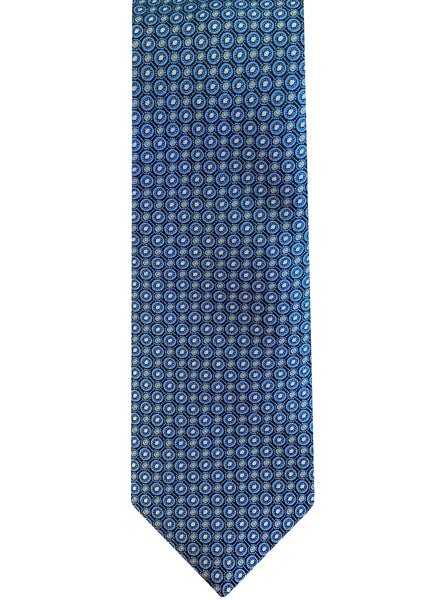 A handcrafted Robert Jensen Circle Dot Pattern tie from Como, Italy, with a blue and white circular pattern against a white background.