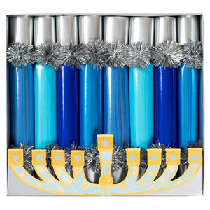 A box of nine Caspari Hanukkah Candle Crackers in blue and silver, featuring a yellow menorah design—perfect for adding festive surprises to your celebration.