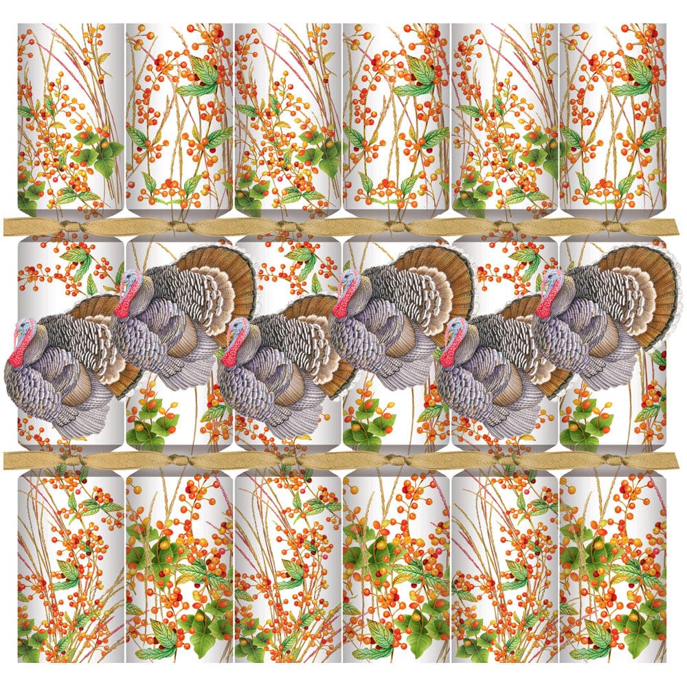 Caspari’s Turkey And Berries Crackers feature autumn floral cans with wild turkeys, adding a festive Thanksgiving touch and delightful surprises to your seasonal celebrations.