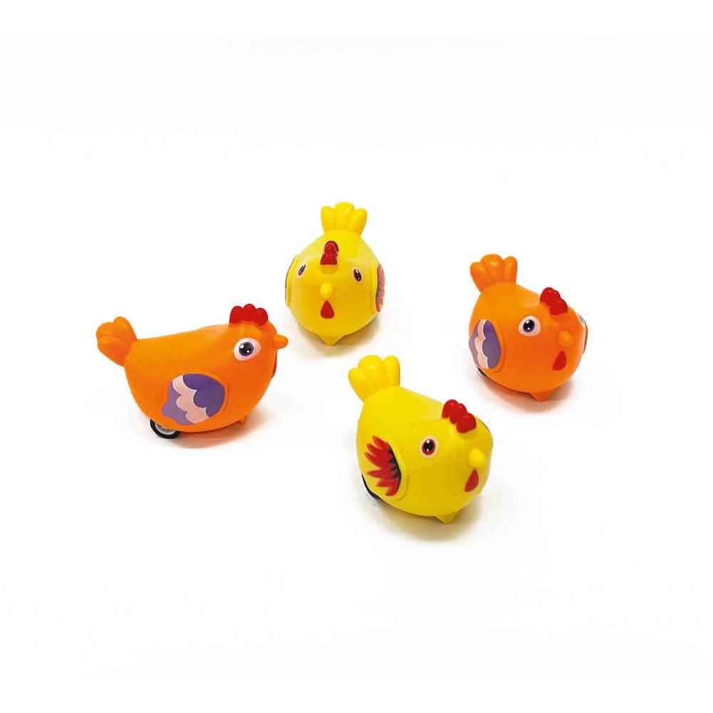 Four colorful plastic toy chickens—two yellow, two orange—from Caspari’s Turkey Among Ferns Partyware Collection are arranged on a white background, perfect as playful Thanksgiving decorations for your autumn table.