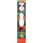 The Caspari Santa Hat Dog Cracker comes in a 12-inch rectangular box with a dog-shaped toy, green ribbon, and paw-print gift box. Made of Caspari paper, the packaging is labeled "Caspari" and "Pet Favor Toy Included.