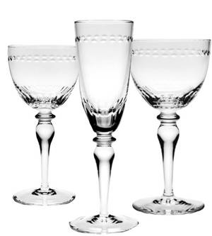 Three clear, stemmed bridal glasses from the Claire Collection by William Yeoward Crystal, featuring a decorative dotted band near the rims—stylish tableware to elevate any celebration.