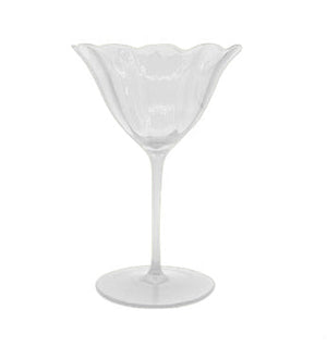 The Duggan Society Lily Collection features clear glass with a scalloped, flower-shaped bowl, slender stem, and round base, elegantly photographed on a white background.