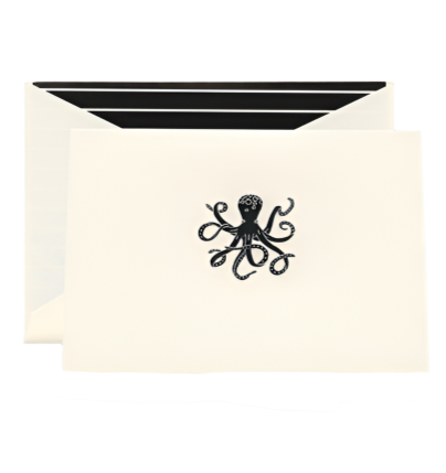 The Octopus Folded Card Set by Crane includes a cream notecard with a black octopus illustration and matching envelope featuring a black and white striped interior—perfect for stylish stationery or beach lovers.