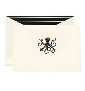The Octopus Folded Card Set by Crane includes a cream notecard with a black octopus illustration and matching envelope featuring a black and white striped interior—perfect for stylish stationery or beach lovers.