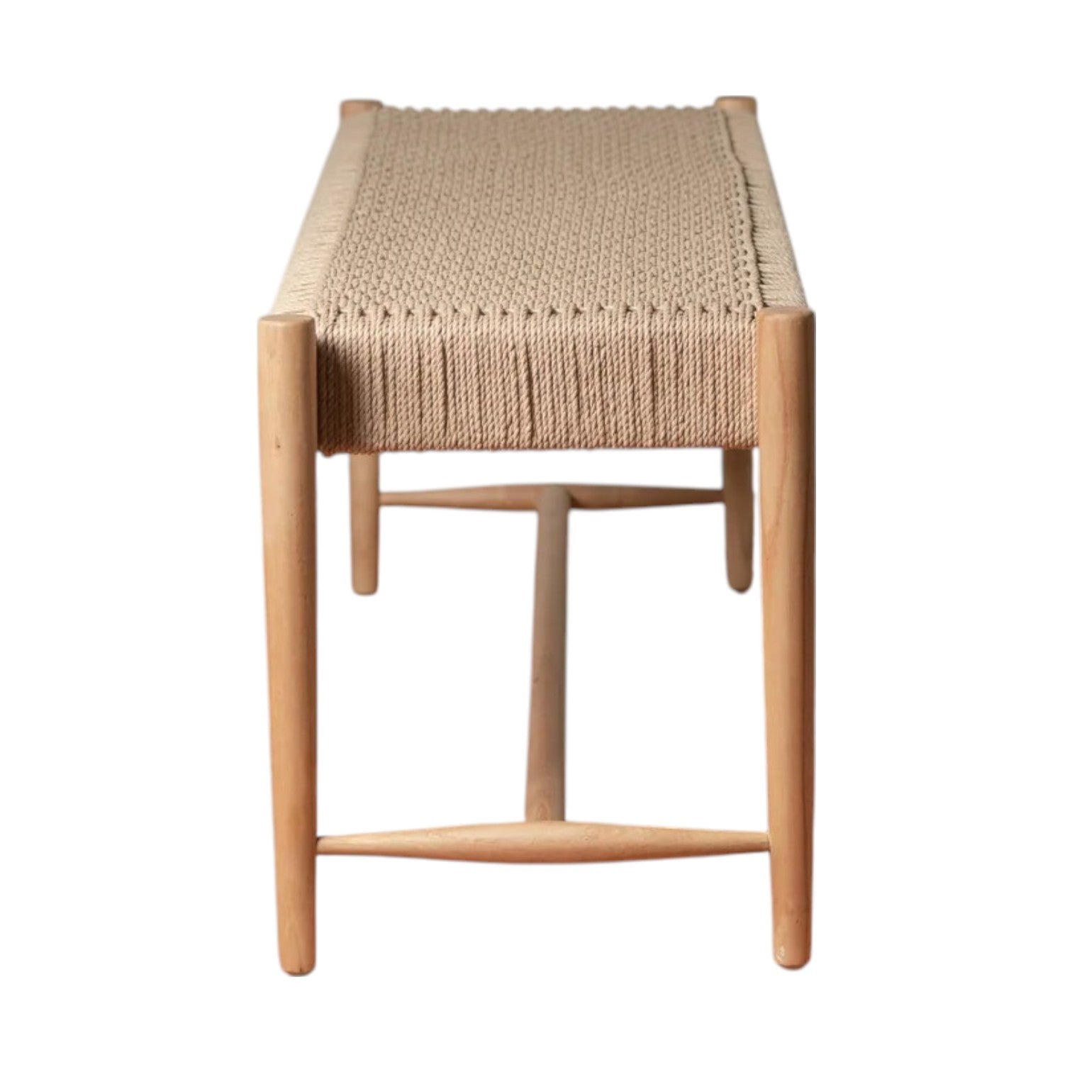 The Ingrid Woven Bench by Selamat, crafted from wood with a hand-woven loom seat, is shown from the front against a white background.