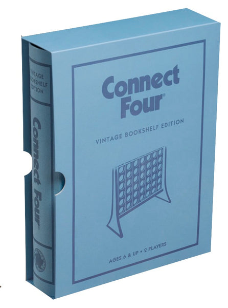 A vintage, fabric-wrapped book edition of the WS Game Company Connect Four Vintage Bookshelf Edition for ages 6 and up, featuring vertical strategy gameplay.