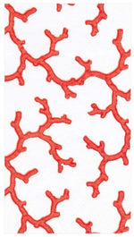 Caspari’s The Coral Sea Guest Towels feature an orange-red coral branch pattern on a white background, bringing vibrant, eco-friendly style to your table and making every occasion feel special.