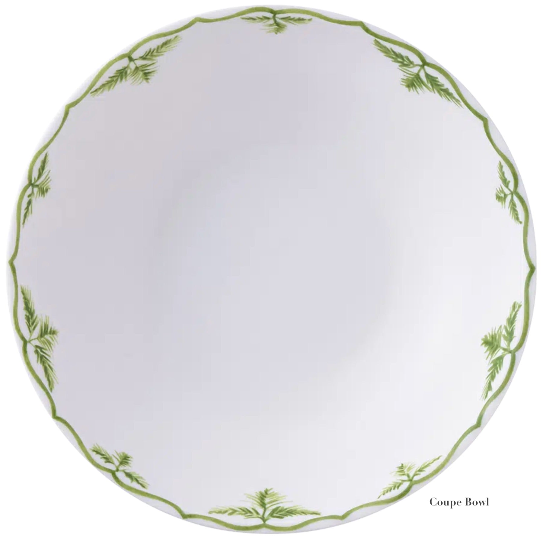 White coupe bowl from the Royal Crown Derby Cobblers Cove Camelot Dinnerware Collection, crafted in fine bone china with a green leaf motif along the rim, shown from above.