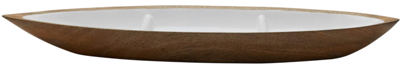 The Be Home Madras Crudité Dish is a shallow, oval serving piece crafted from sustainably sourced wood, featuring a white interior with two dividers. Shown on a white background.