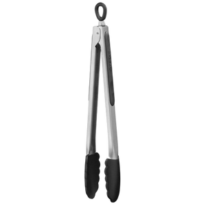 The Cuisinart Silicone Tongs Collection features stainless steel tongs with black silicone tips and a locking mechanism, offering heat resistance for safe, easy kitchen use.