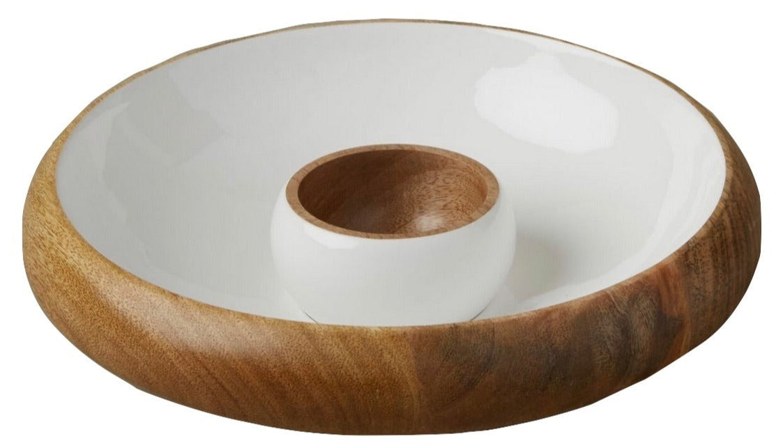 The Be Home Madras Curva Chip and Dip Bowl is a round, handcrafted mango wood serving tray with a central white ceramic bowl—ideal for serving dips and snacks.