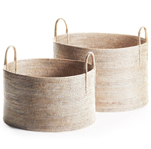 Two Burma Whitewash Rattan Hampers by Napa Home & Garden, featuring a tight weave and handles, are displayed side by side on a white background.