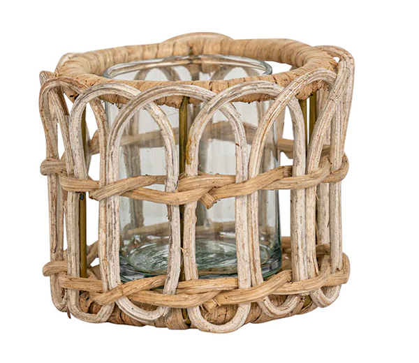Juliska Provence Rattan Tealight lantern with a glass insert, isolated on a white background.