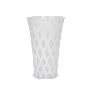 The Juliska Trellis Drinkware Collection features a clear, tall plastic lemonade glass with a textured diamond pattern, blending modern style and classic aesthetics, shown upright on a white background.